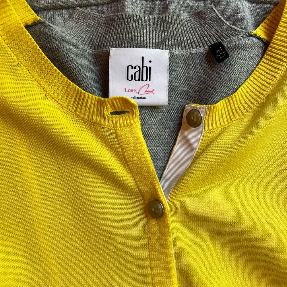 CAbi Soft Yellow Cardigan with Built In Sheer Tank | Medium